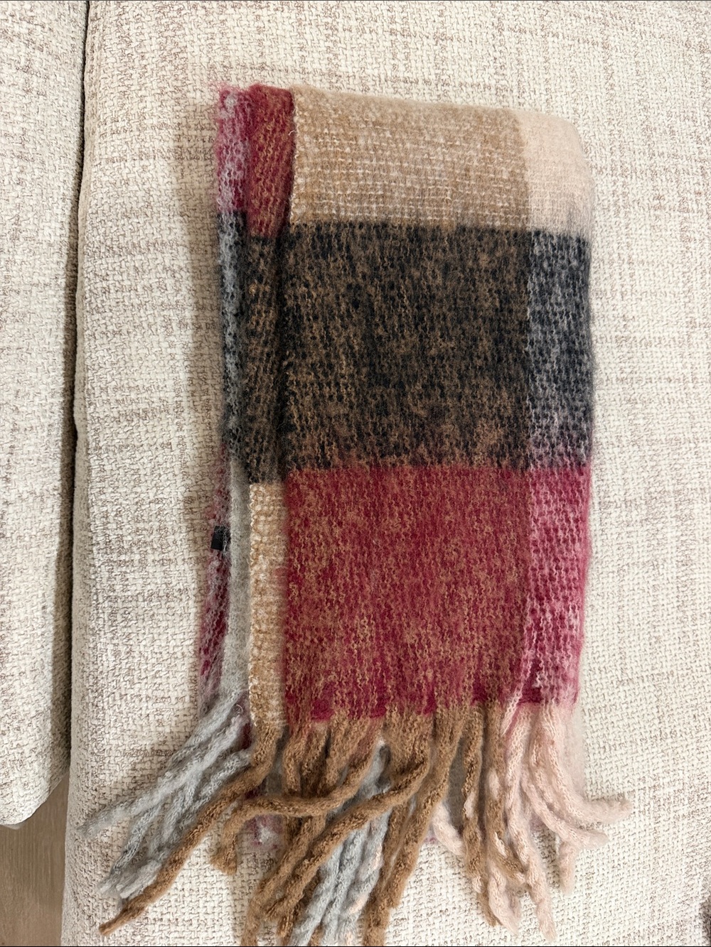 Cozy Plaid Fringe Scarf in Red, Brown & Cream